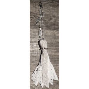 Lace Cross pearl Charm Keychain Purse Bag Clip Silver Tone Ivory White Rear view